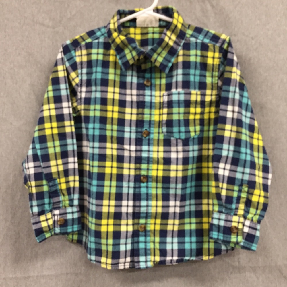 Crazy 8 Boys Plaid Button Down Shirt Blue Green Yellow Long Sleeve Size 3T